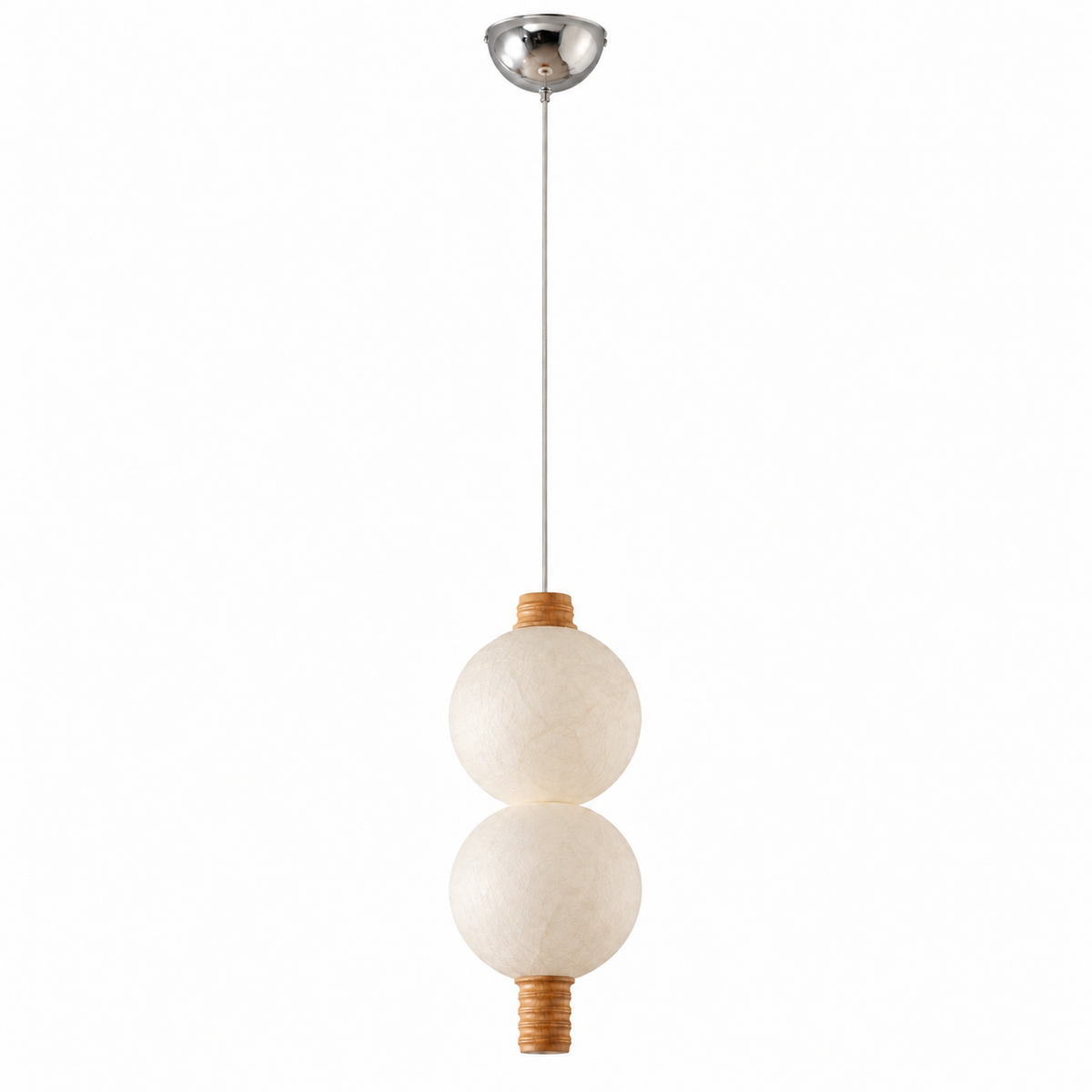 2-globe vertical natural mulberry silk pendant with light wood details, complete product on white