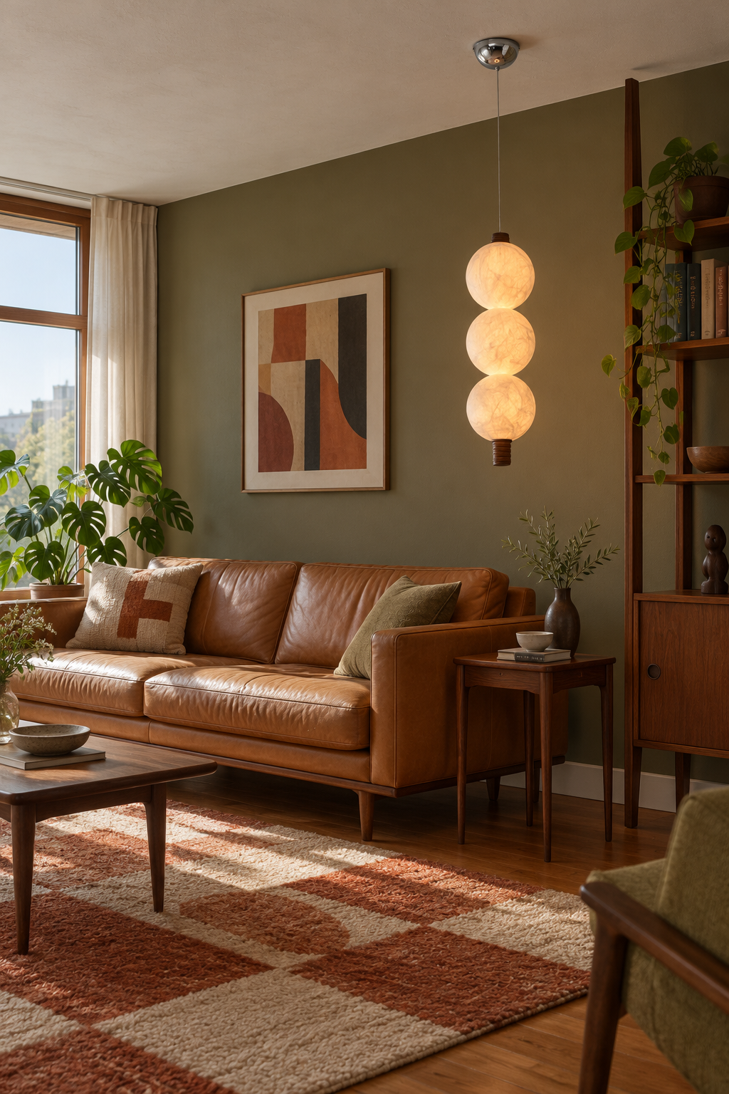 3-globe vertical natural mulberry silk pendant with dark wood details, triple sofa on interior