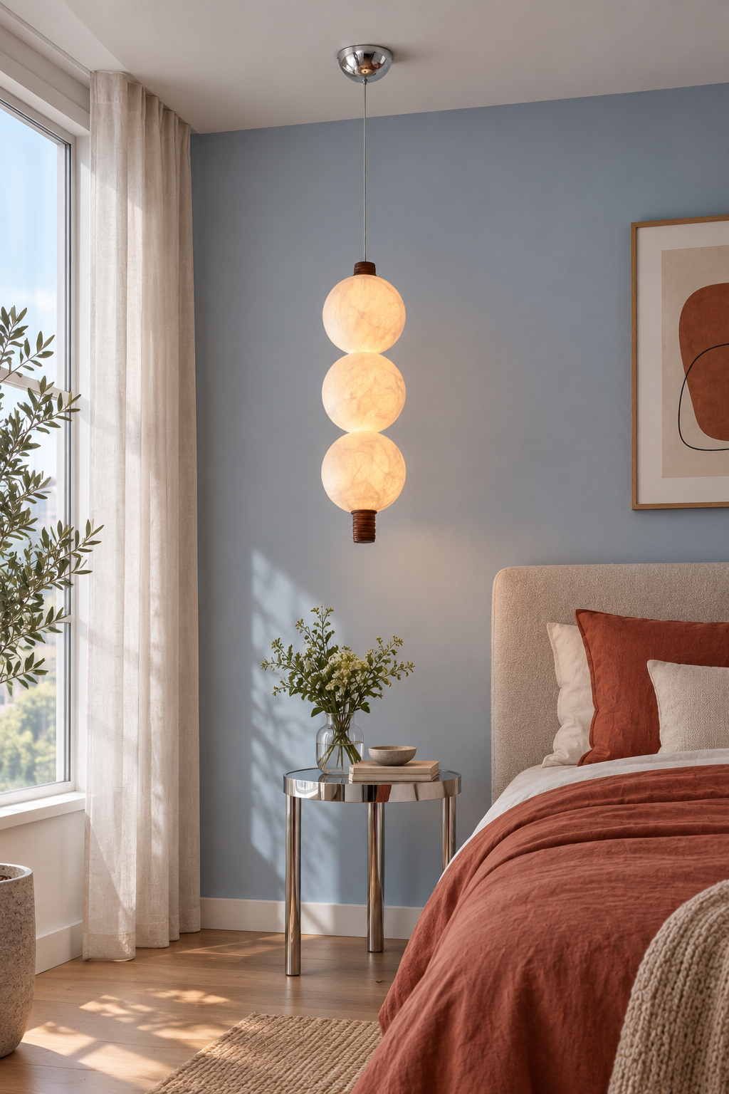 3-globe vertical natural mulberry silk pendant with dark wood details, triple bedside on interior