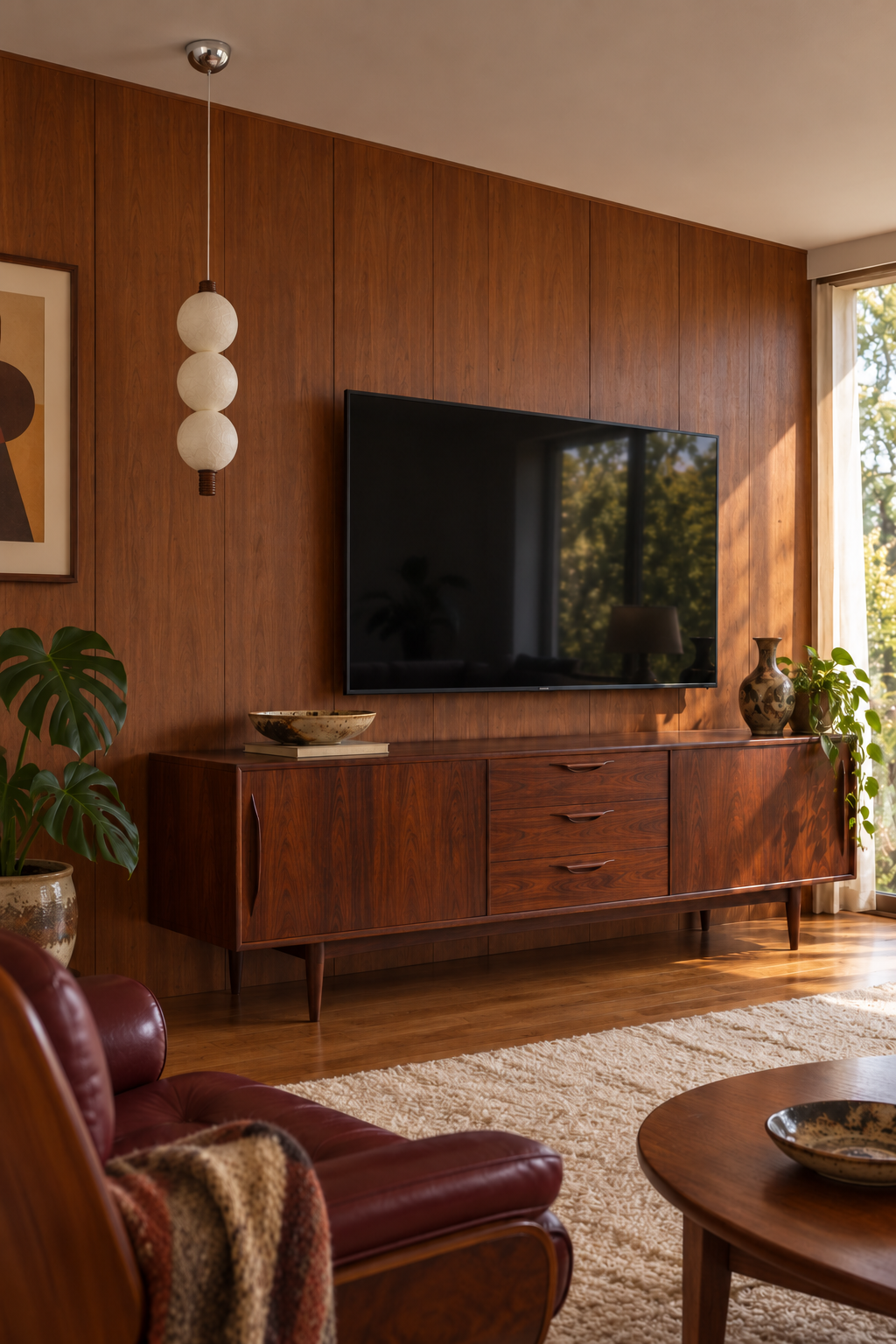 3-globe vertical natural mulberry silk pendant with dark wood details, triple tv off interior