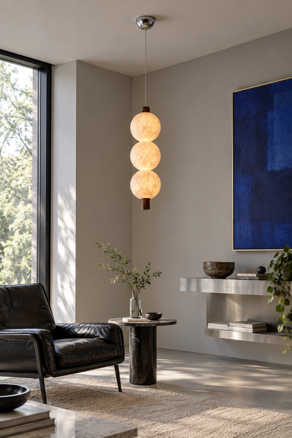 3-globe vertical natural mulberry silk pendant with dark wood details, triple lounge on interior