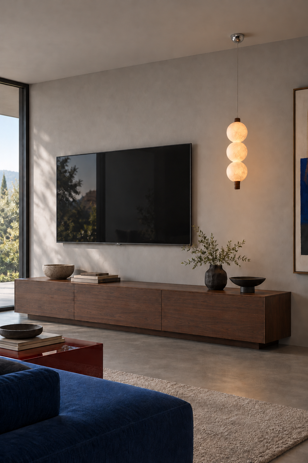 3-globe vertical natural mulberry silk pendant with dark wood details, triple tv on interior