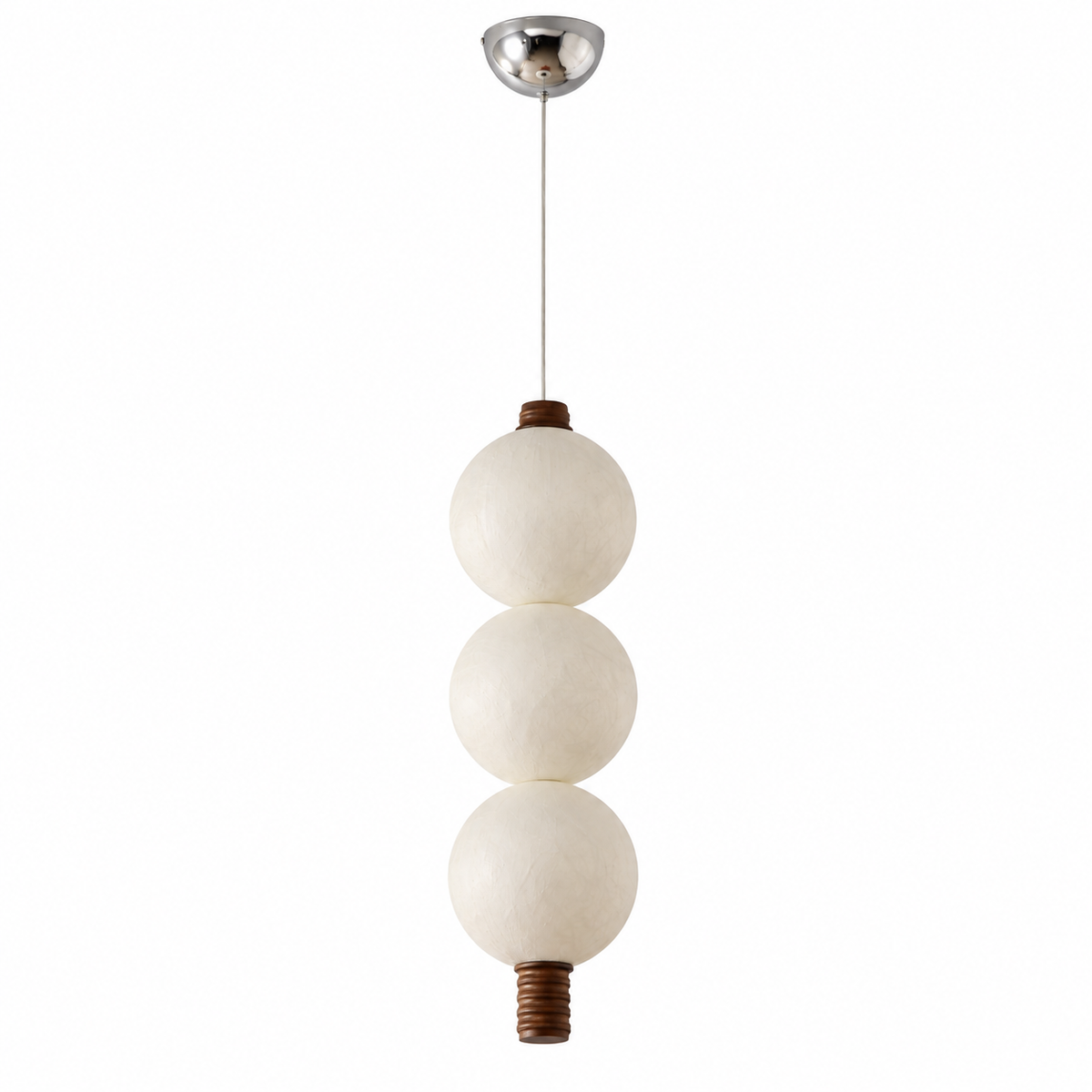 3-globe vertical natural mulberry silk pendant with dark wood details, complete product on white