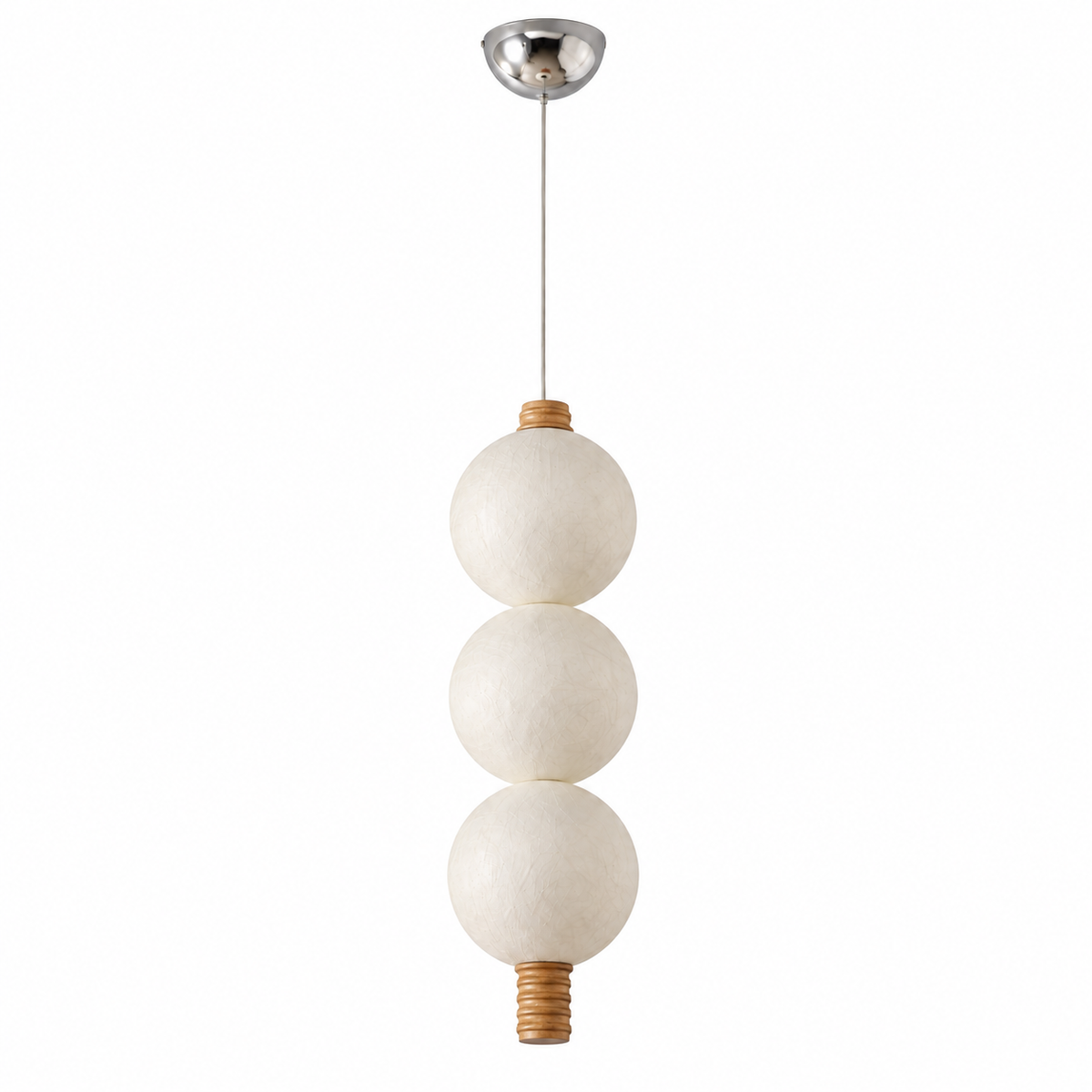 3-globe vertical natural mulberry silk pendant with light wood details, complete product on white