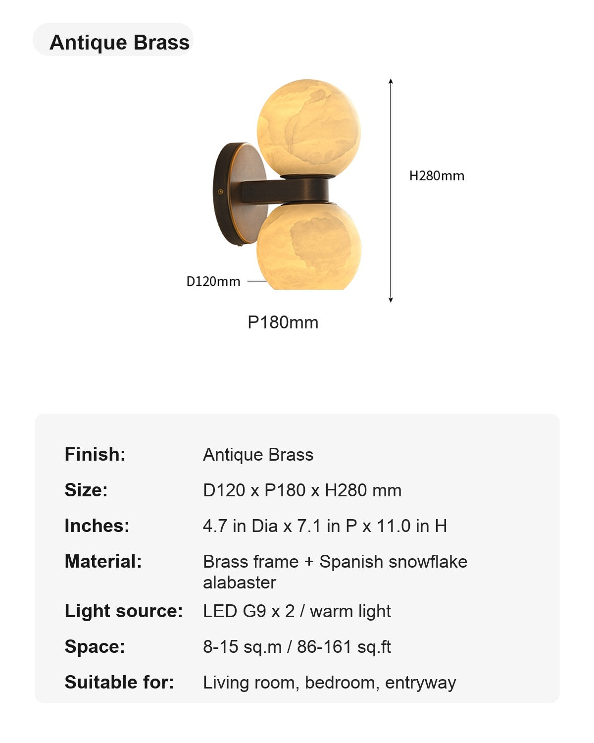 Modern Spanish Alabaster Double Globe Wall Sconce in Antique Brass - 12 sku-antique-brass-spanish-alabaster-double-globe-wall-sconce
