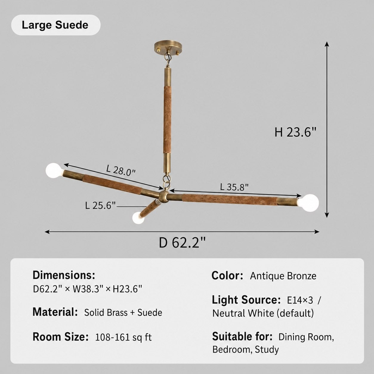 Modern Brass Branch Chandelier with Suede Accents - 13 sku-branch-chandelier-large-suede
