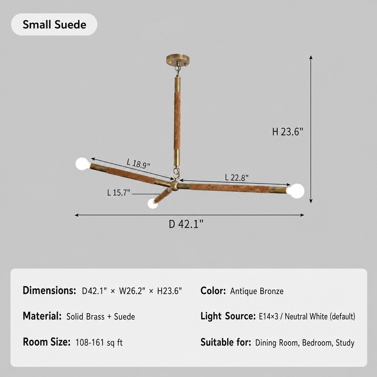Modern Brass Branch Chandelier with Suede Accents - 12 sku-branch-chandelier-small-suede