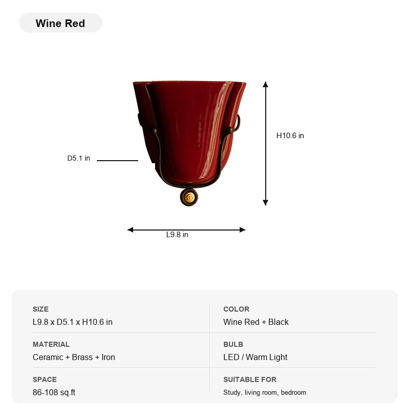 Modern Ceramic Cup Wall Sconce with Brass Accent - 18 sku-ceramic-cup-wall-sconce-wine-red