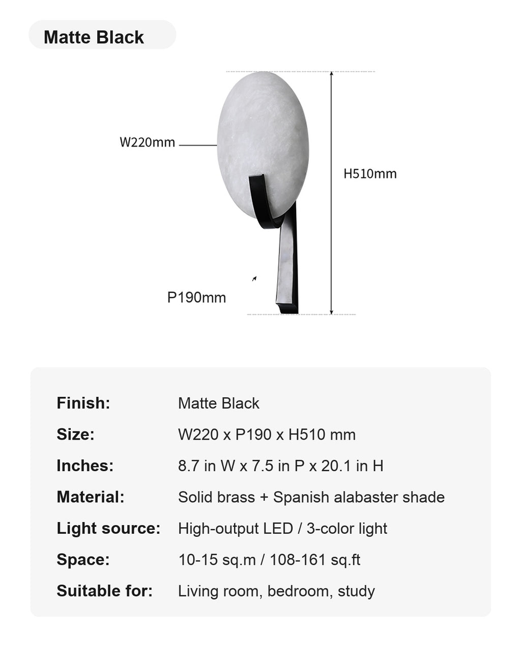 Modern Spanish Alabaster Oval Stem Wall Sconce - 17 sku-matte-black-spanish-alabaster-oval-wall-sconce