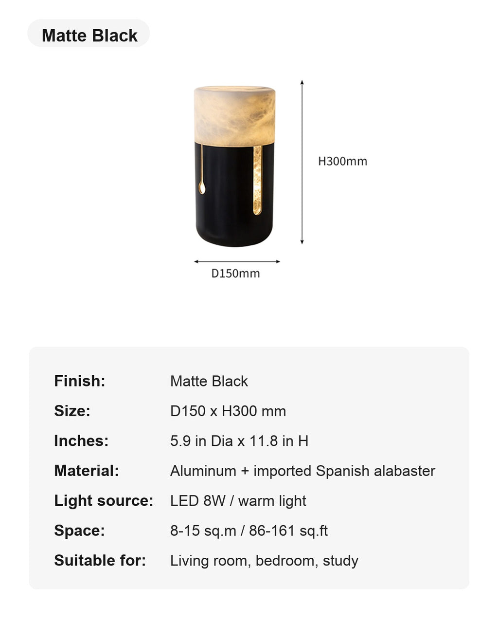 Modern Spanish Alabaster Cylinder Table Lamp in Matte Black - 09 sku-matte-black-spanish-alabaster-table-lamp