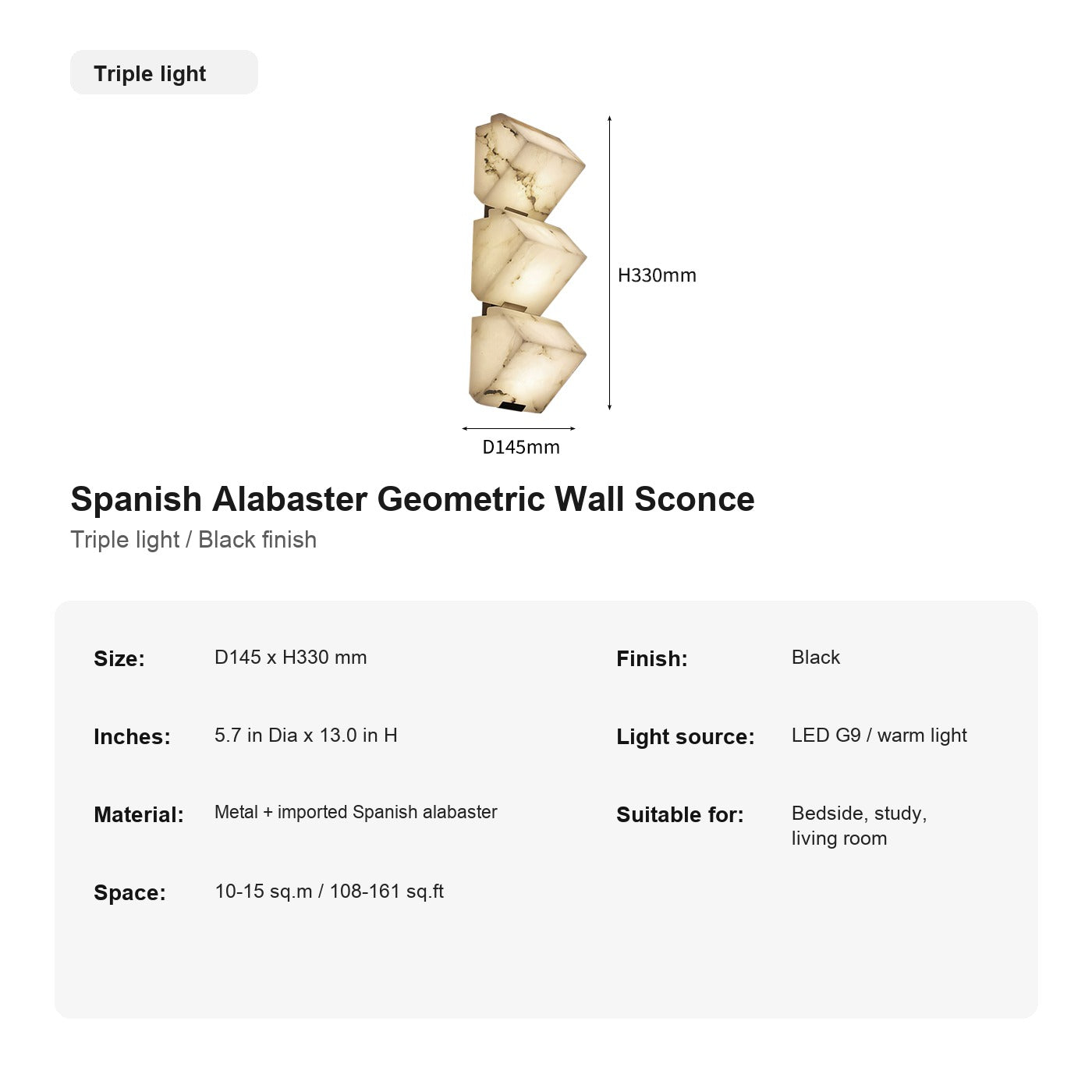 Modern Spanish Alabaster Geometric Wall Sconce - 15 sku-triple-black-spanish-alabaster-geometric-wall-sconce
