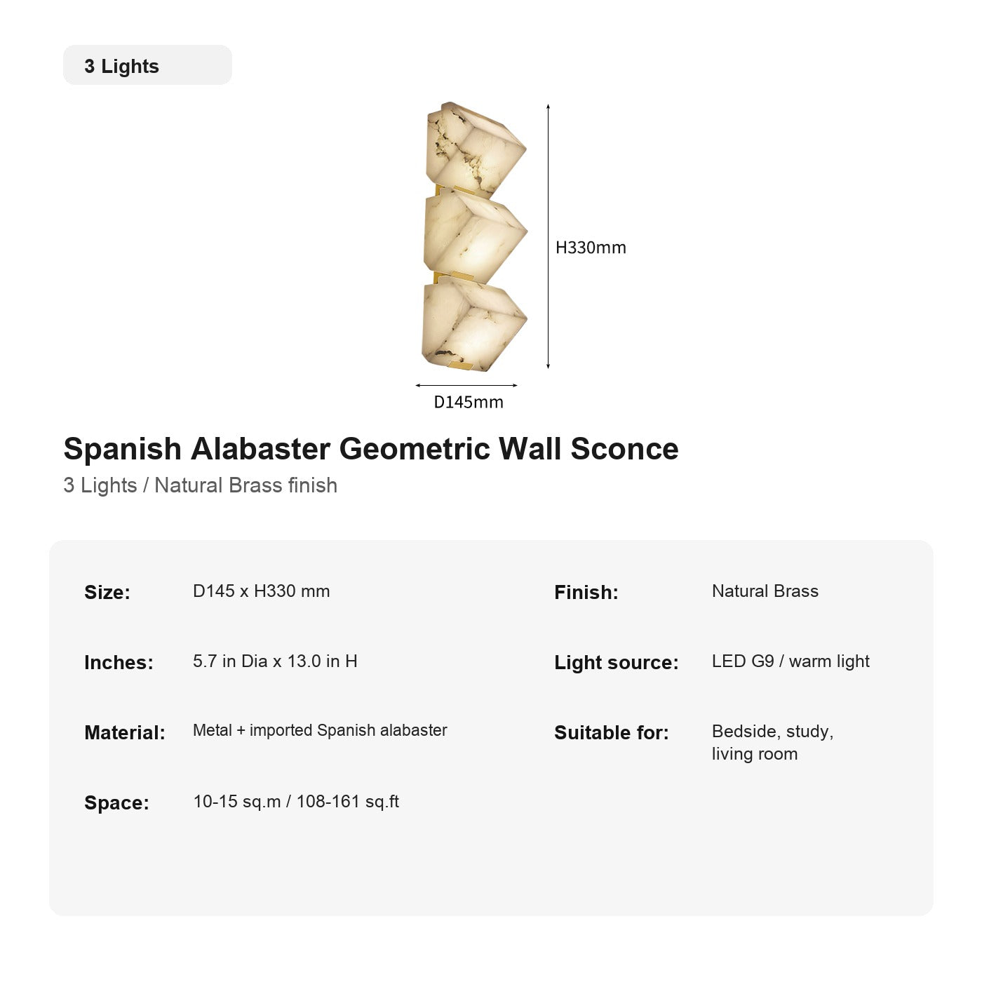 Modern Spanish Alabaster Geometric Wall Sconce - 19 sku-triple-natural-brass-spanish-alabaster-geometric-wall-sconce