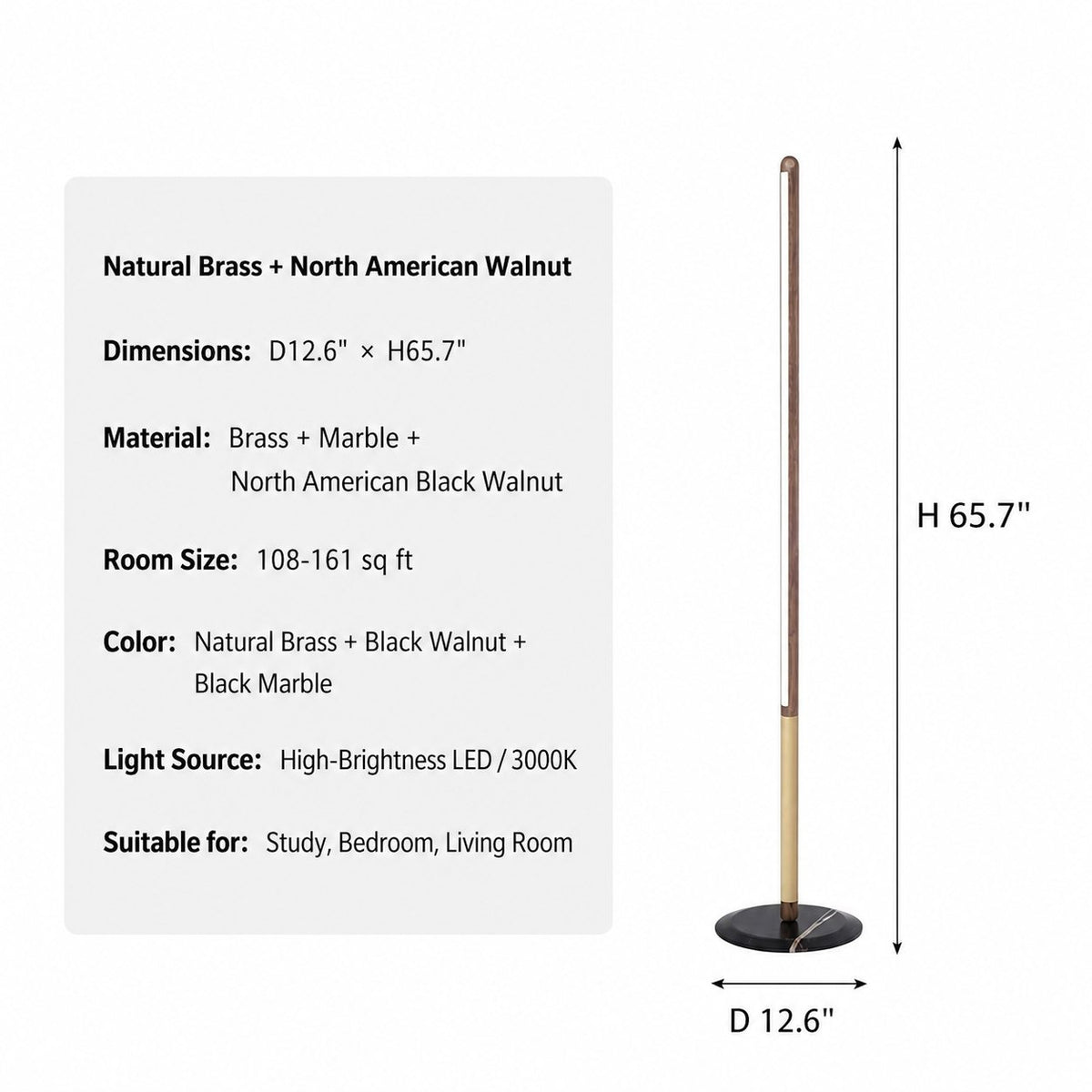 Modern Walnut LED Floor Lamp with Marble Base - 10 sku-walnut-led-floor-lamp-natural-brass