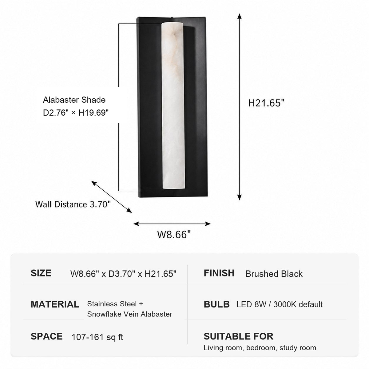 Modern Alabaster Wall Sconce - Snowflake Vein Alabaster specification card