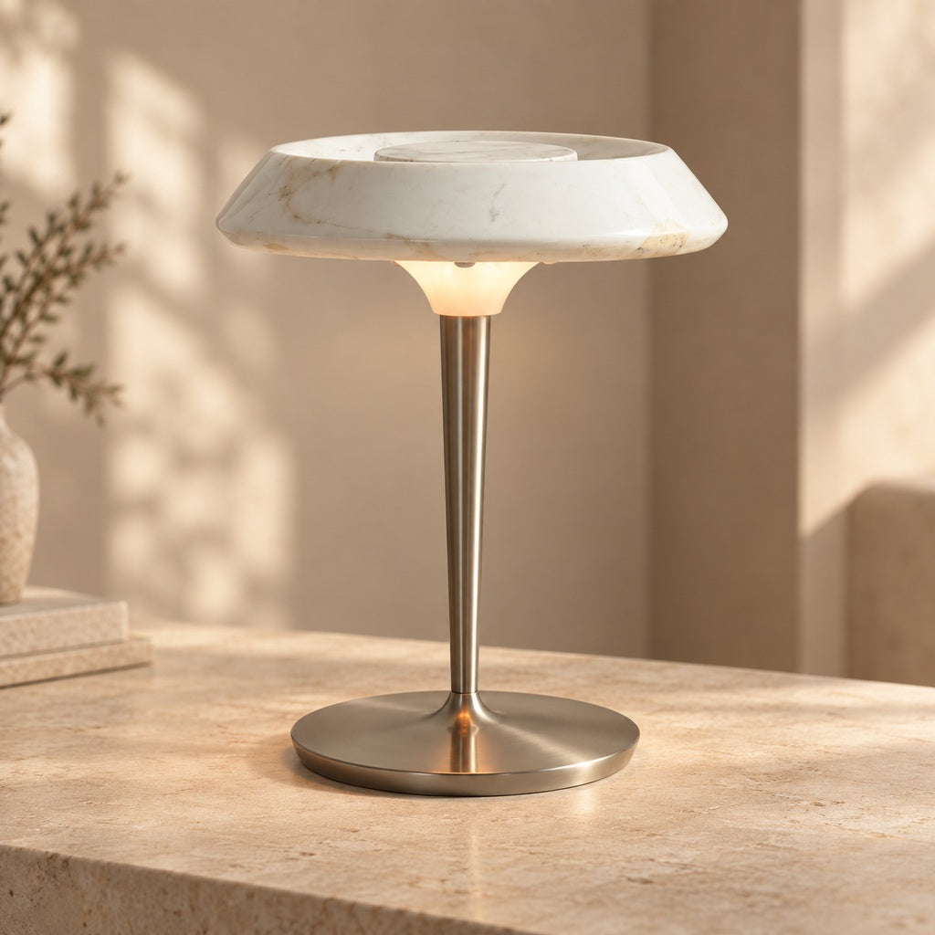 Solvenne Carrara white marble table lamp on a warm neutral surface