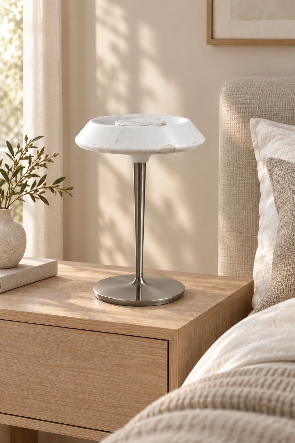 Solvenne Carrara white marble table lamp unlit on a bedroom nightstand
