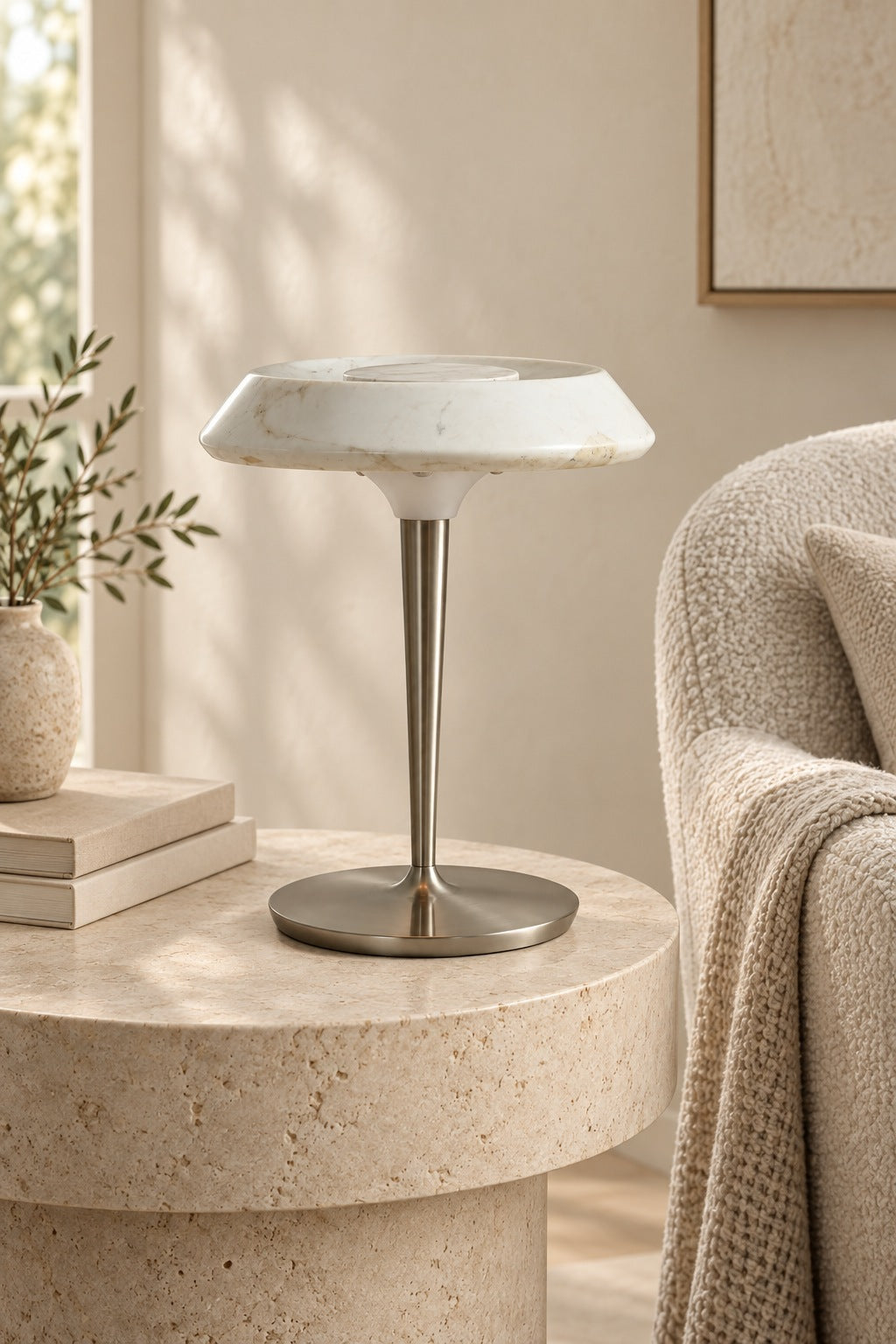 Solvenne Carrara white marble table lamp unlit beside a reading chair