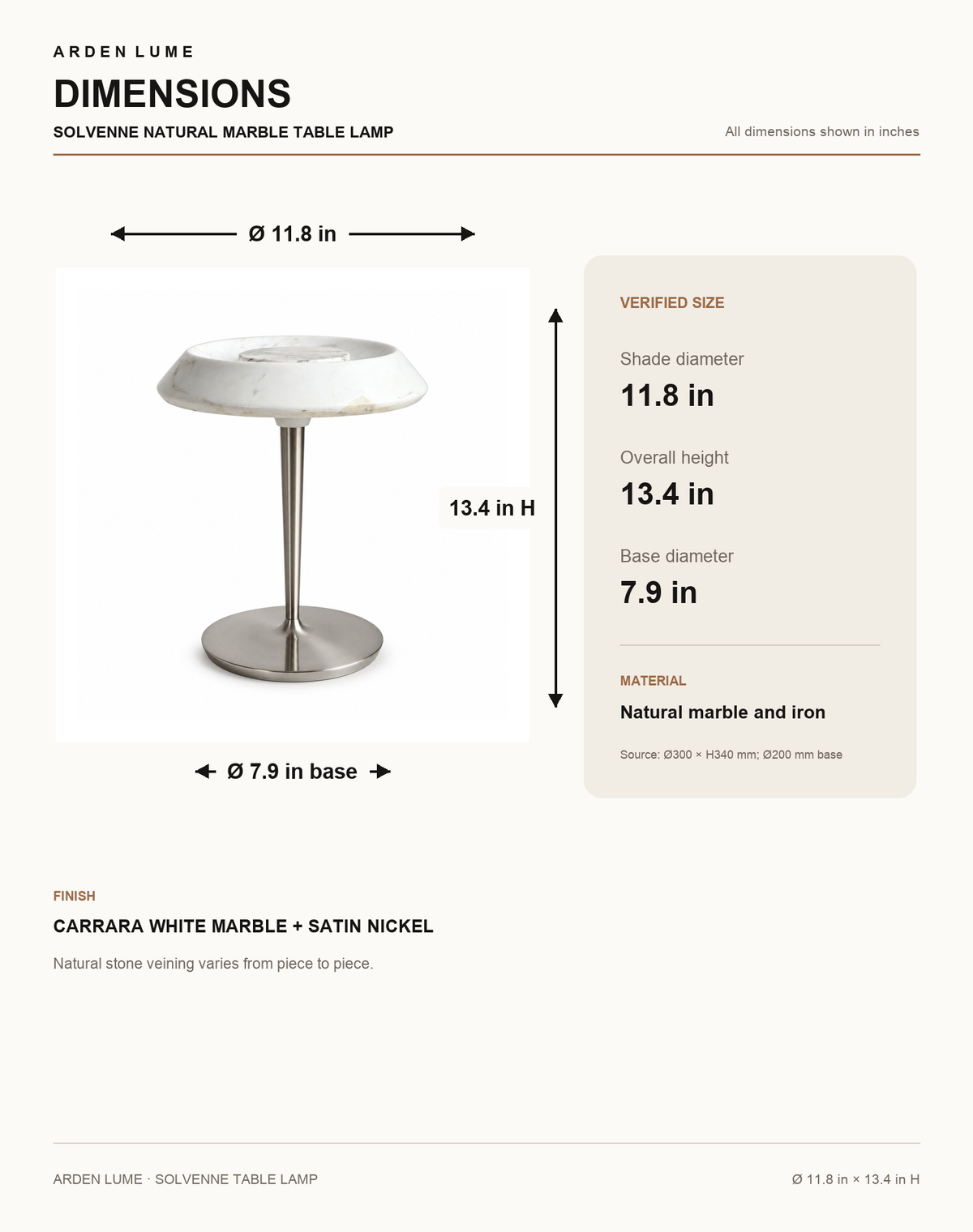 Solvenne Carrara White Marble Table Lamp dimensions in inches