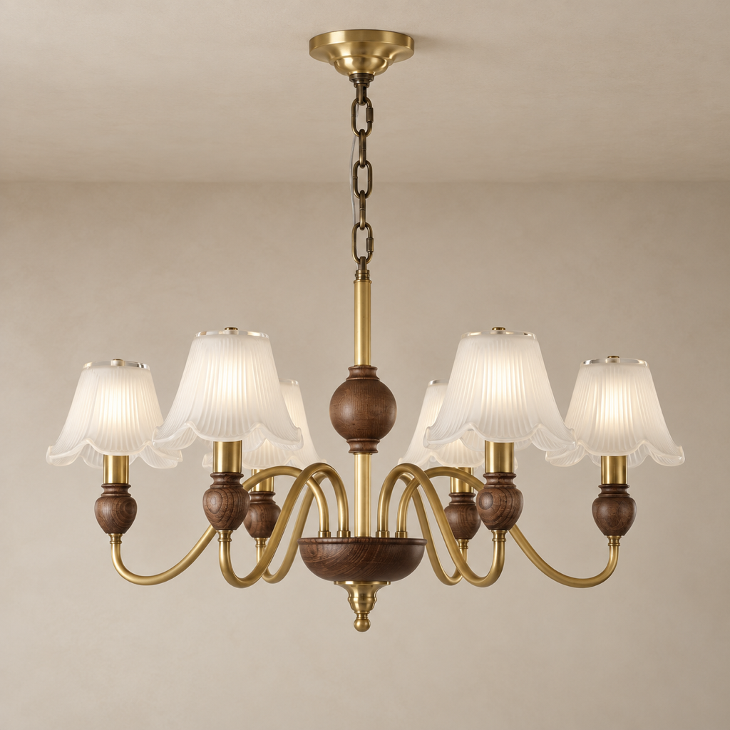 Sorrelune six-light scalloped fluted glass chandelier on a light warm-neutral installed background