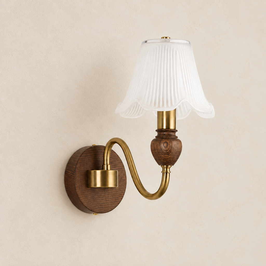 Sorrelune scalloped fluted glass wall sconce mounted flush to a minimal light warm-neutral wall