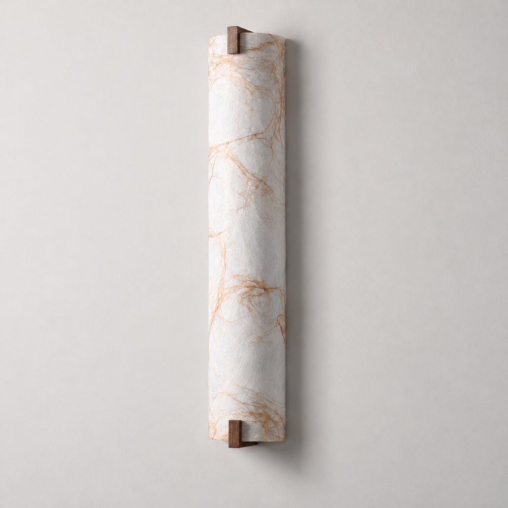 Sovrille mulberry silk and walnut wall sconce, unlit on a warm neutral wall