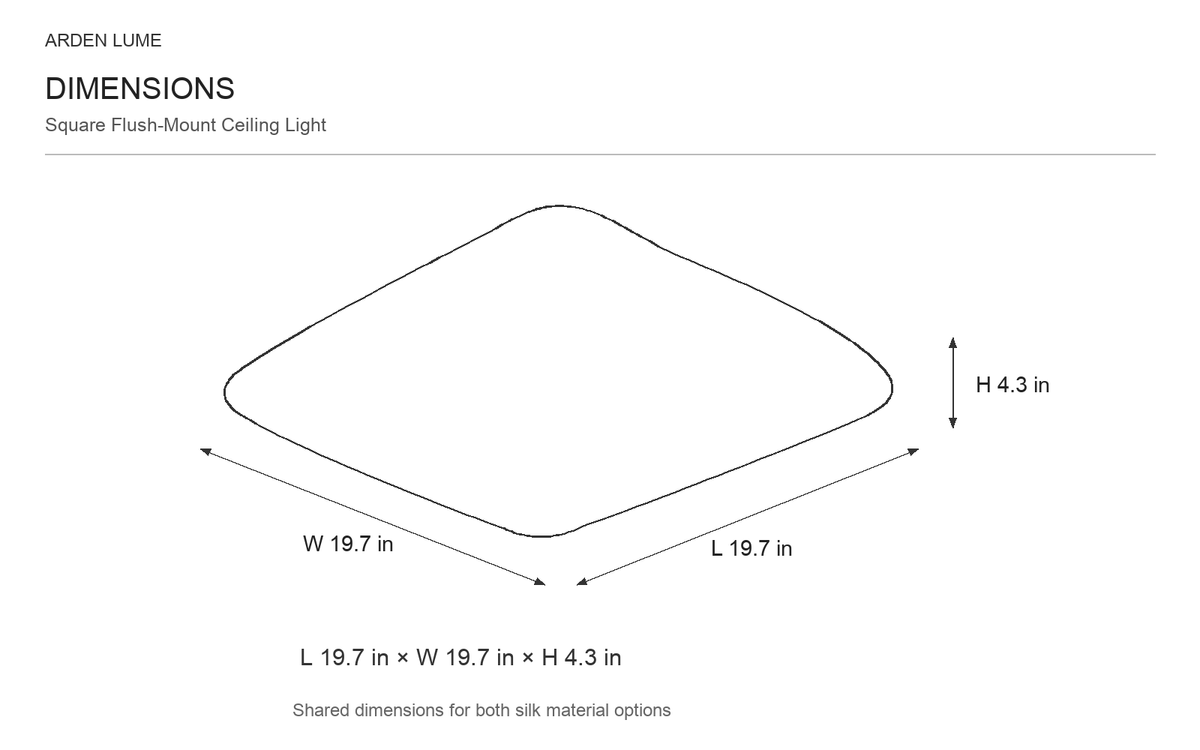 Square ceiling fixture dimensions L 19.7 W 19.7 H 4.3 inches, both materials