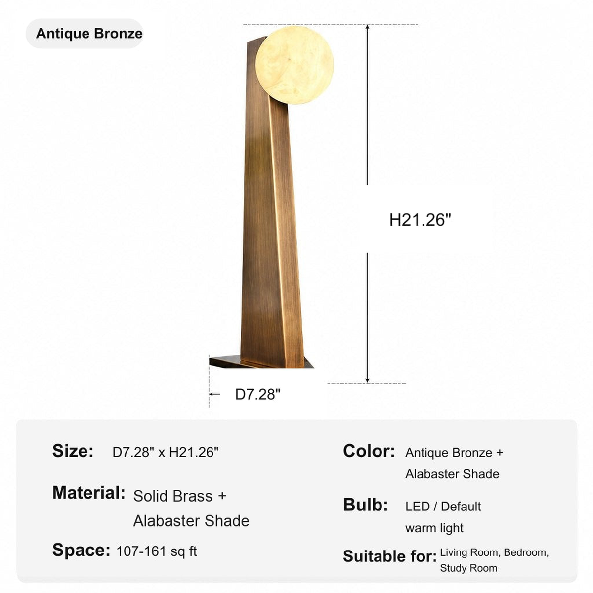 Modern Tapered Globe Table Lamp - Antique Bronze Alabaster Shade specification card