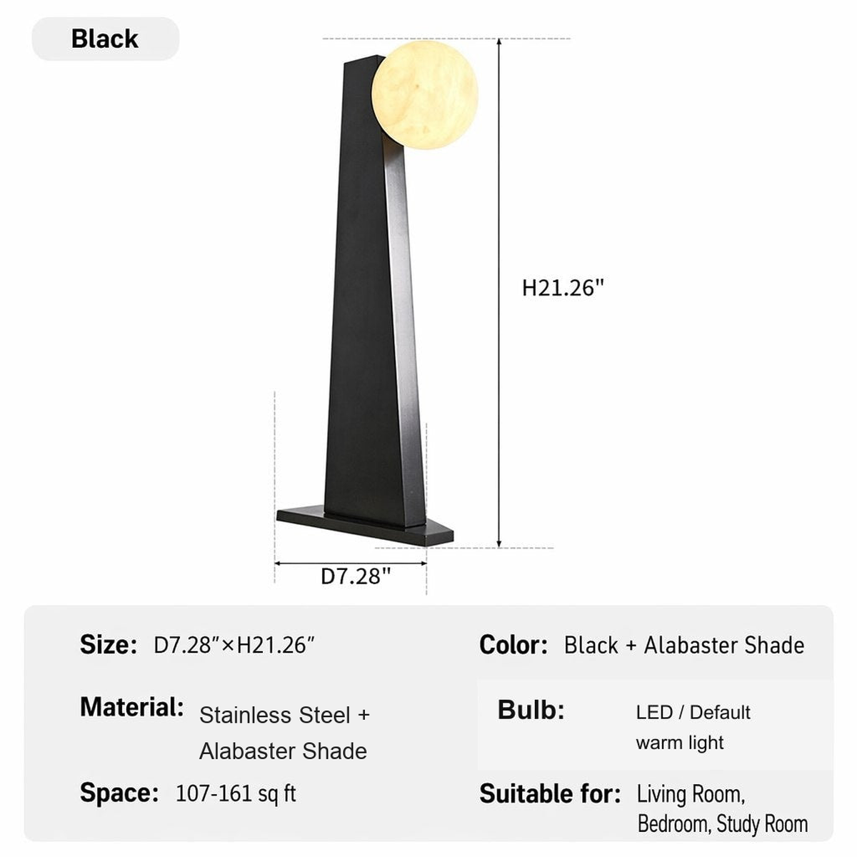 Modern Tapered Globe Table Lamp - Black Alabaster Shade specification card