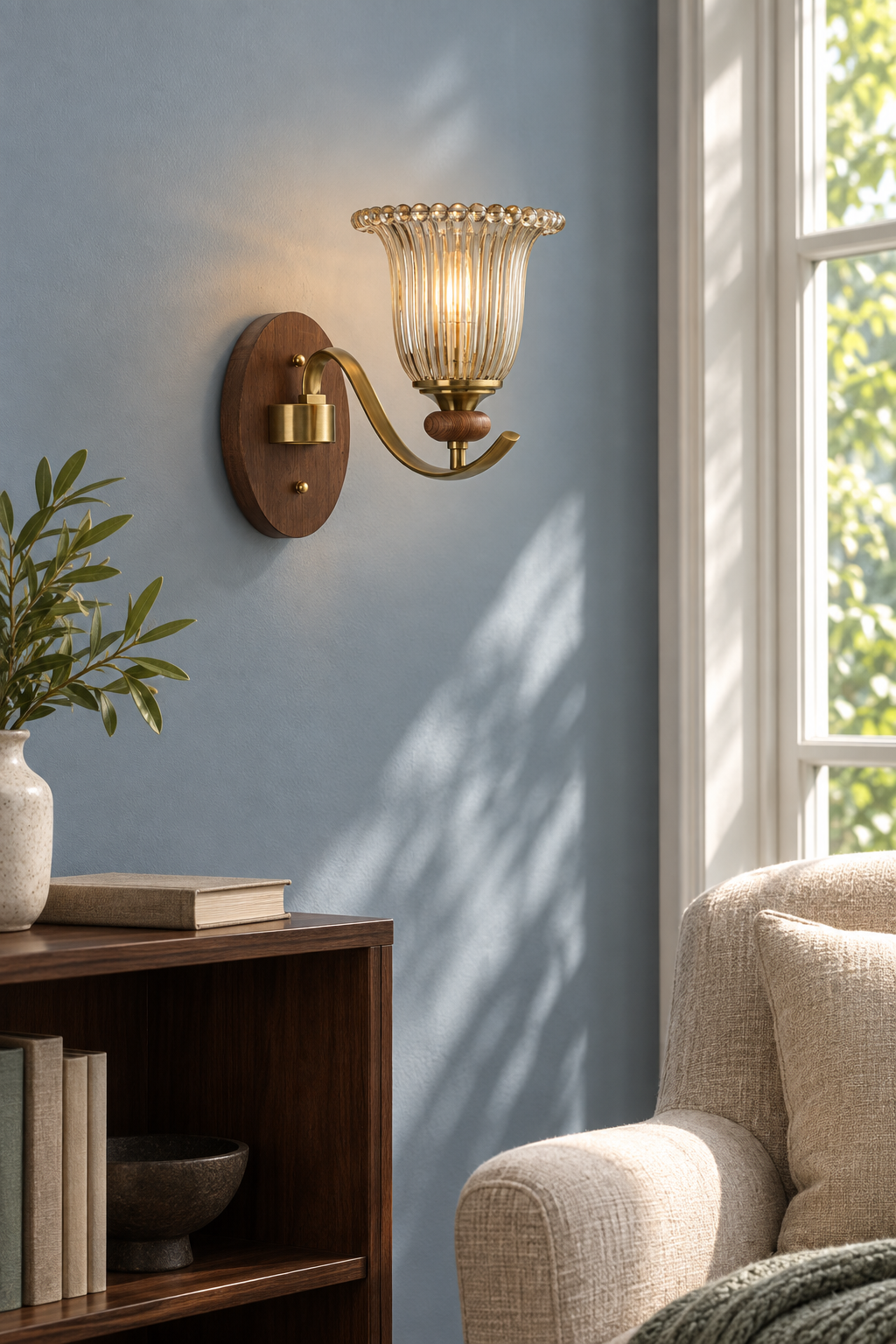 Tullienne wall sconce in a daylight reading corner, lit