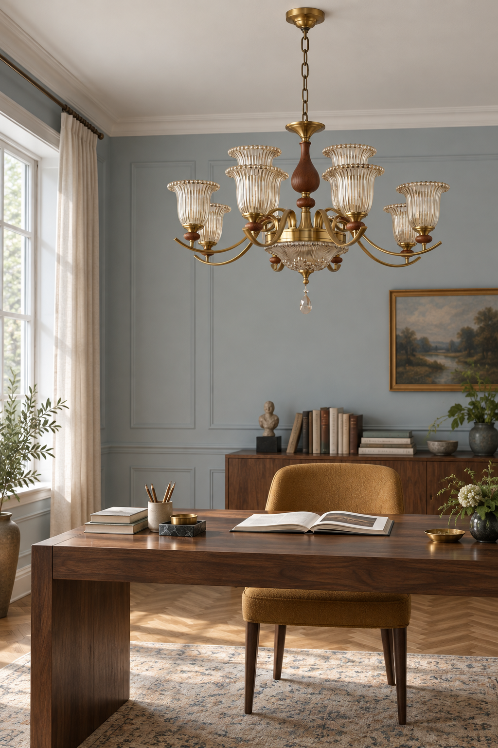 Tullienne eight-light chandelier in a daylight study, lights off