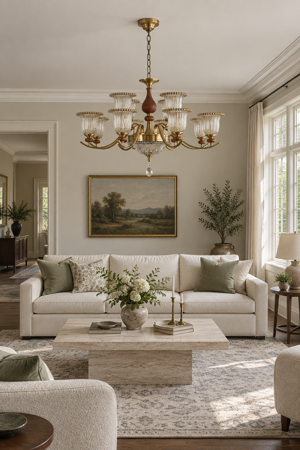 Tullienne twelve-light 8+4 chandelier in a daylight living room