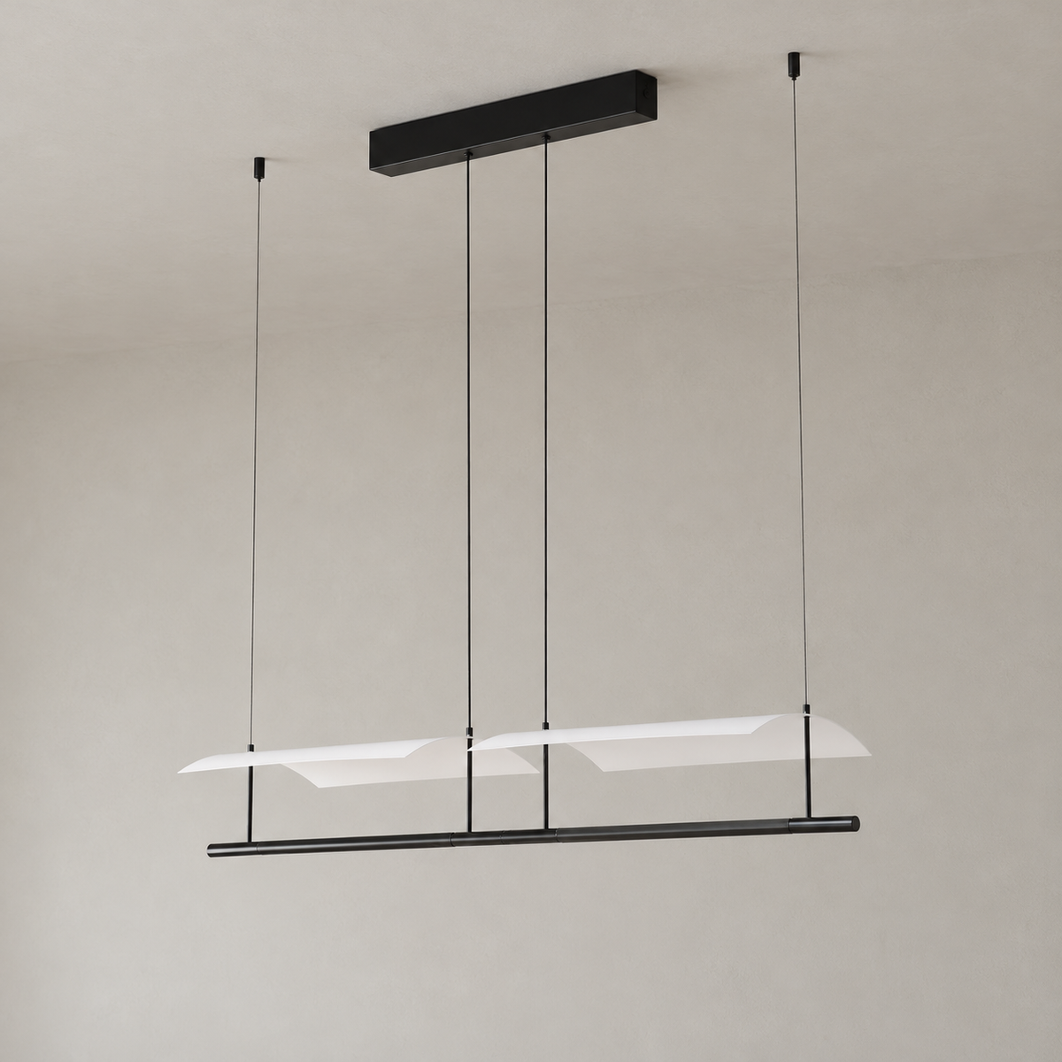 Veilane dual wing LED pendant, 46.5 in, matte black and white silicone, light off, full view