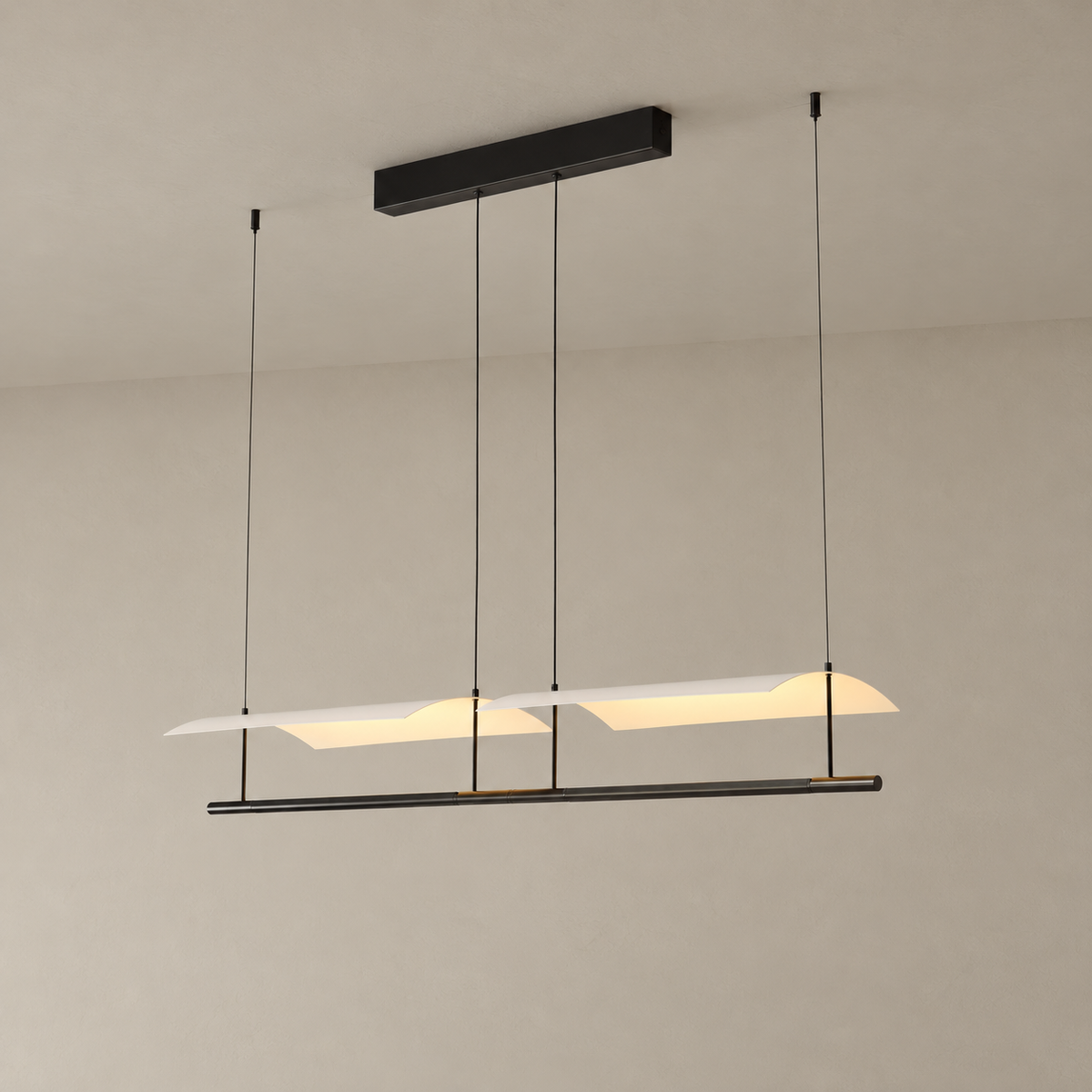 Veilane dual wing LED pendant, 46.5 in, matte black and white silicone, light on, full view