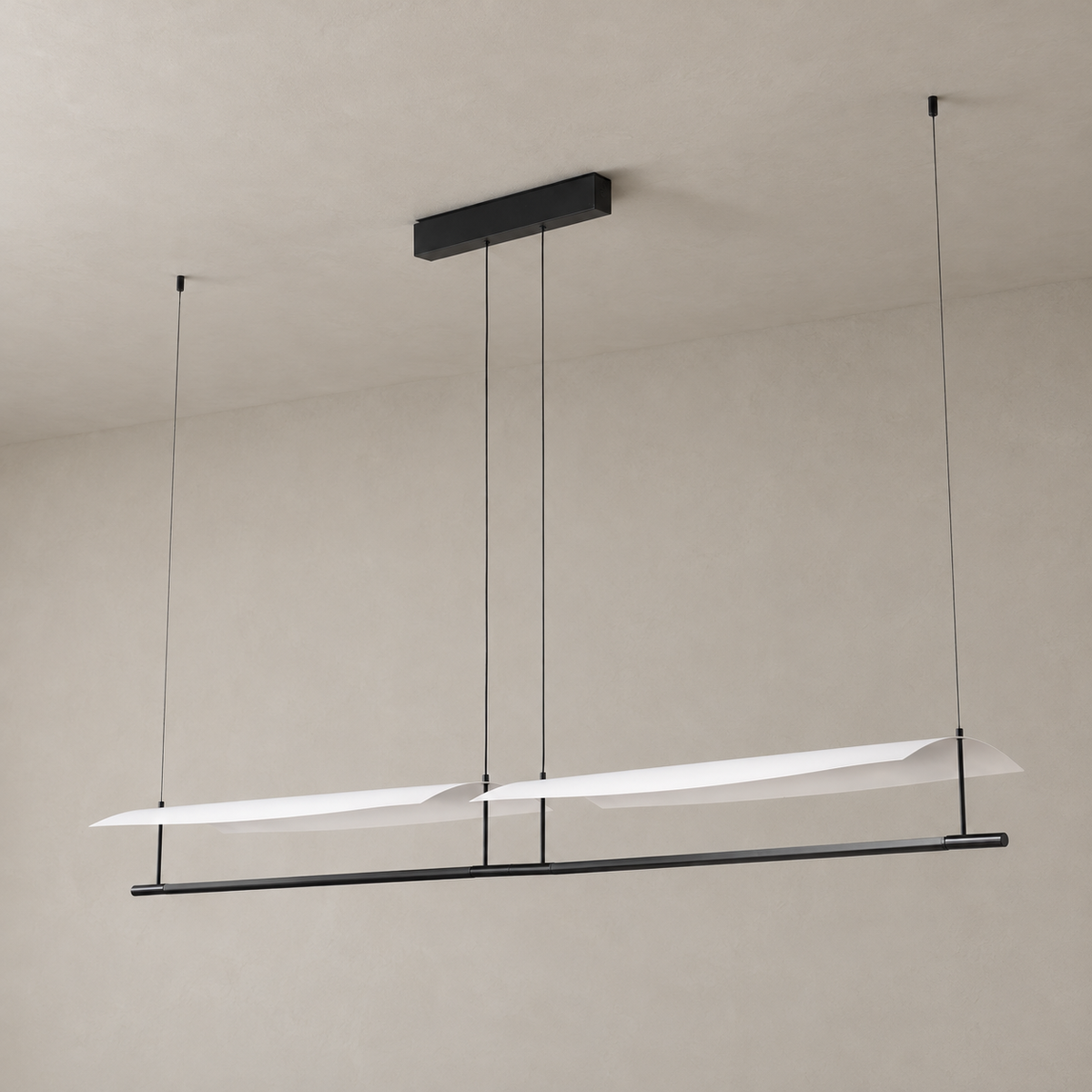 Veilane dual wing LED pendant, 78.0 in, matte black and white silicone, light off, full view