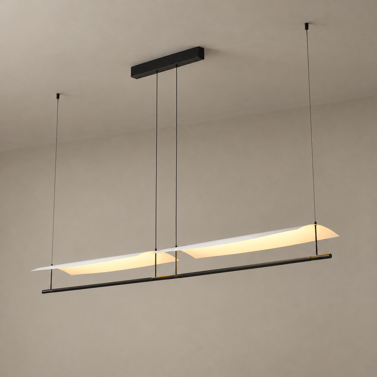 Veilane dual wing LED pendant, 78.0 in, matte black and white silicone, light on, full view