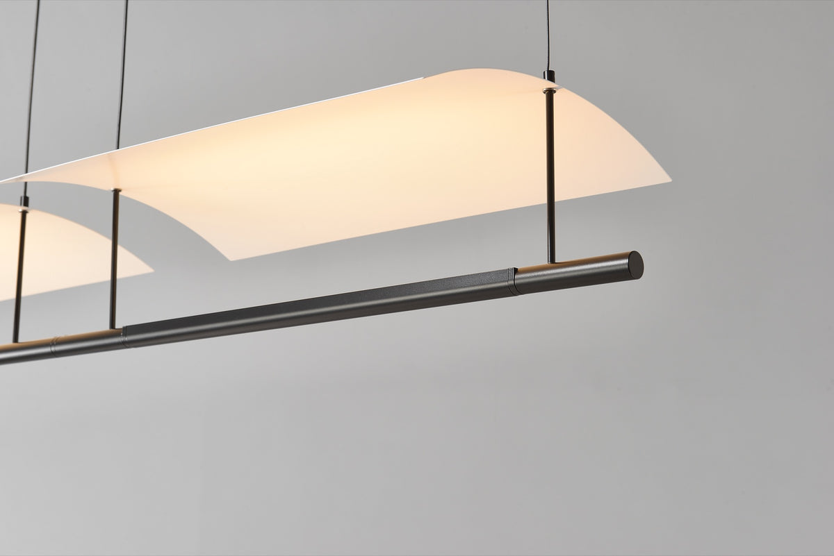 Veilane double wing pendant, white silicone diffuser and matte black metal construction, close-up