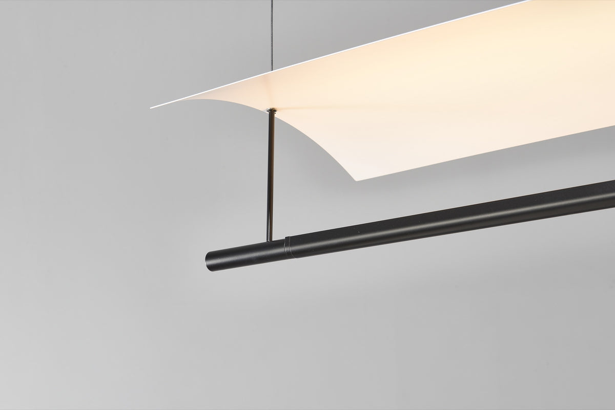 Veilane double wing pendant, white silicone diffuser and matte black metal construction, close-up