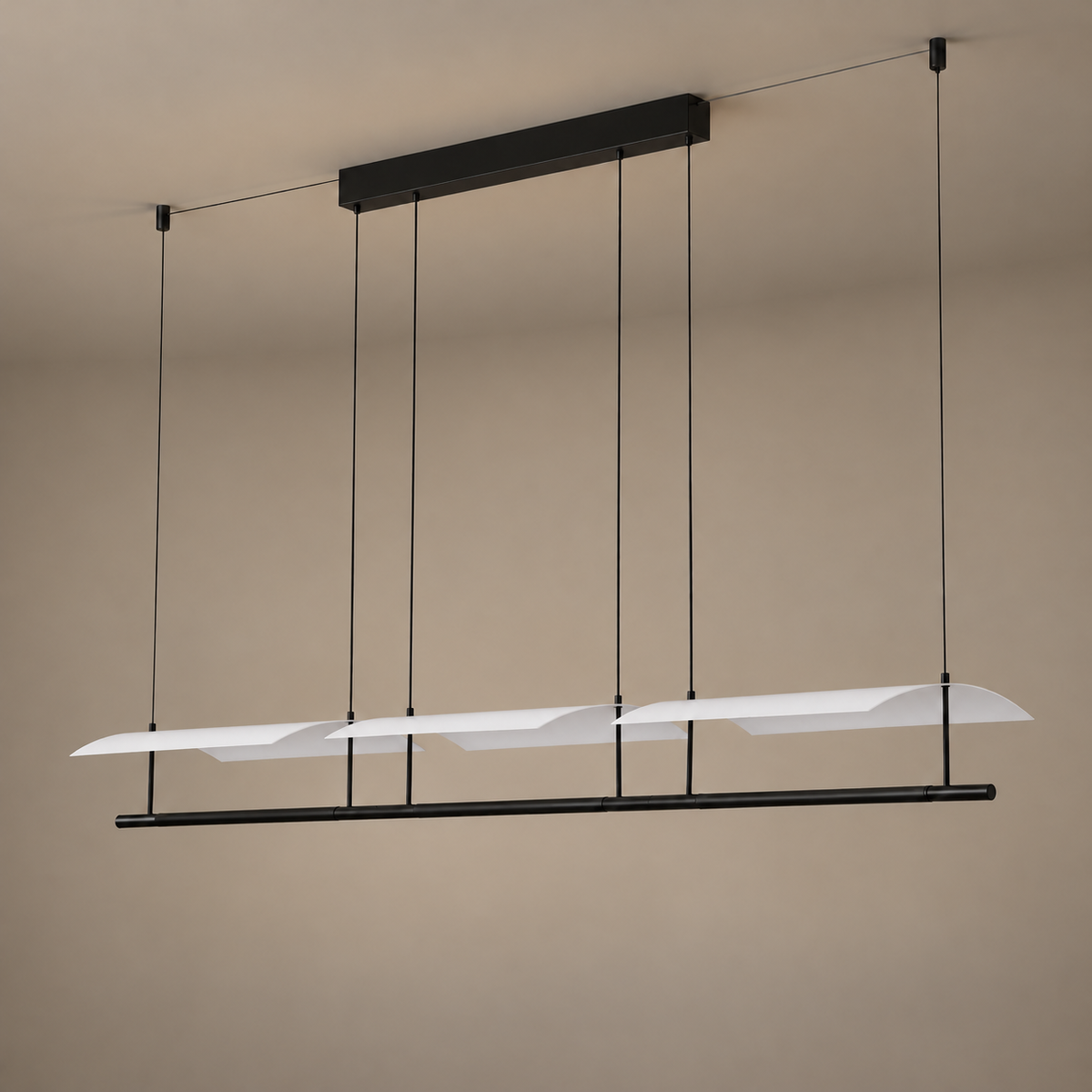 Veilane triple wing LED pendant light, matte black and white silicone, light off