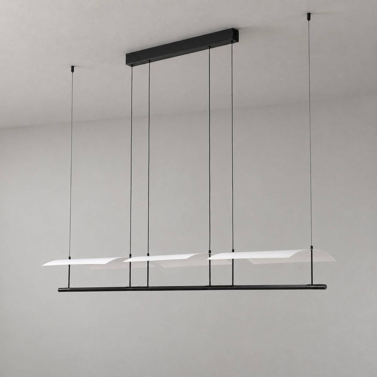 Veilane triple wing LED pendant, 69.7 in, matte black and white silicone, light off, full view