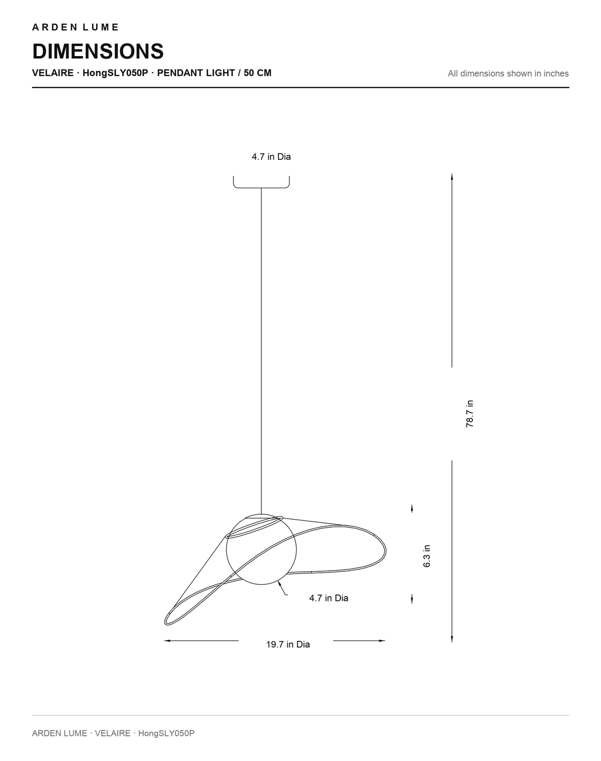 Velaire Sculptural Wing Pendant Light HongSLY050P 50 cm dimension diagram