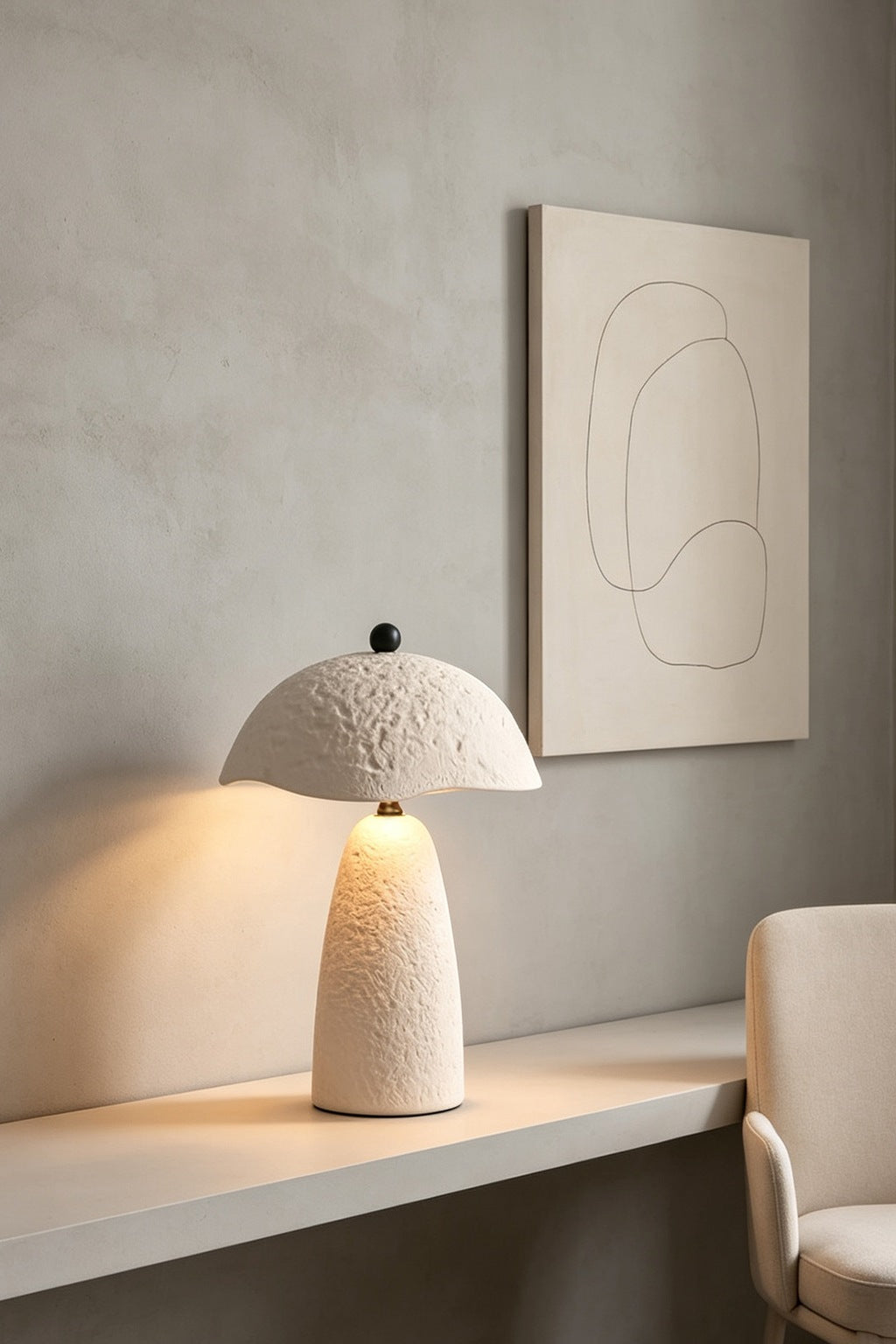 Velmurne white ceramic table lamp lit in the original study scene