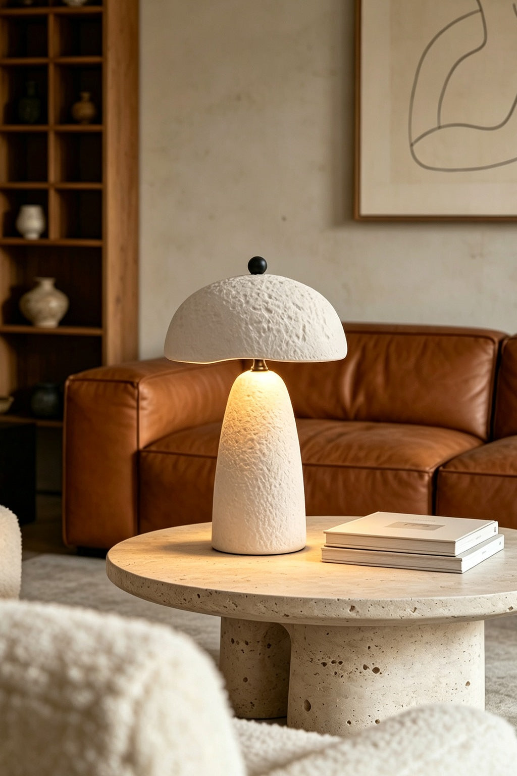 Velmurne white ceramic table lamp lit in the original living room scene