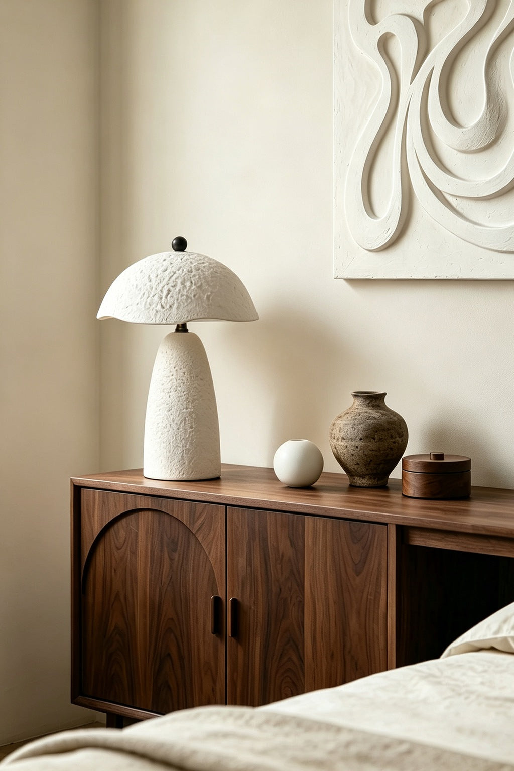 Velmurne white ceramic table lamp unlit in the original bedroom scene