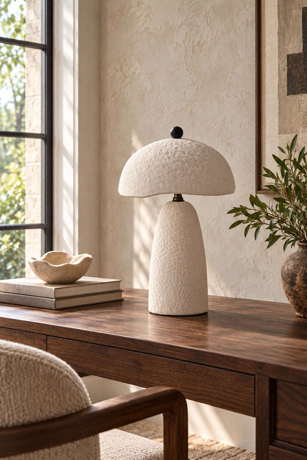 Velmurne white ceramic table lamp unlit in a warm organic modern study