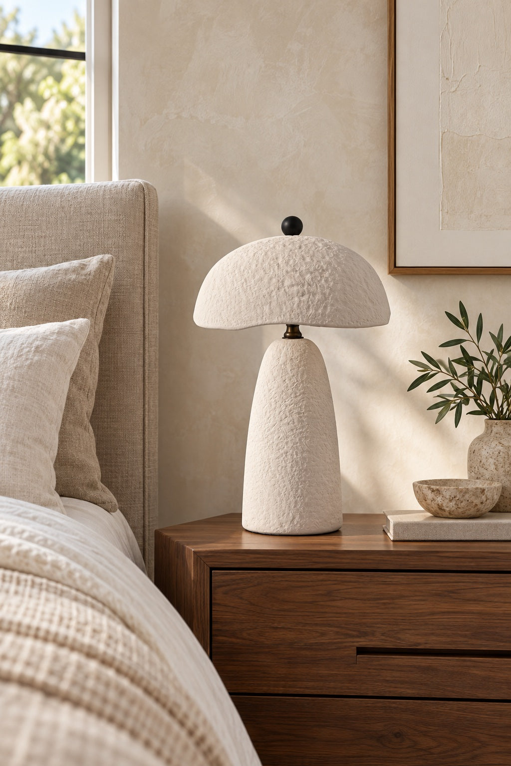 Velmurne white ceramic table lamp unlit on a wabi-sabi bedroom nightstand