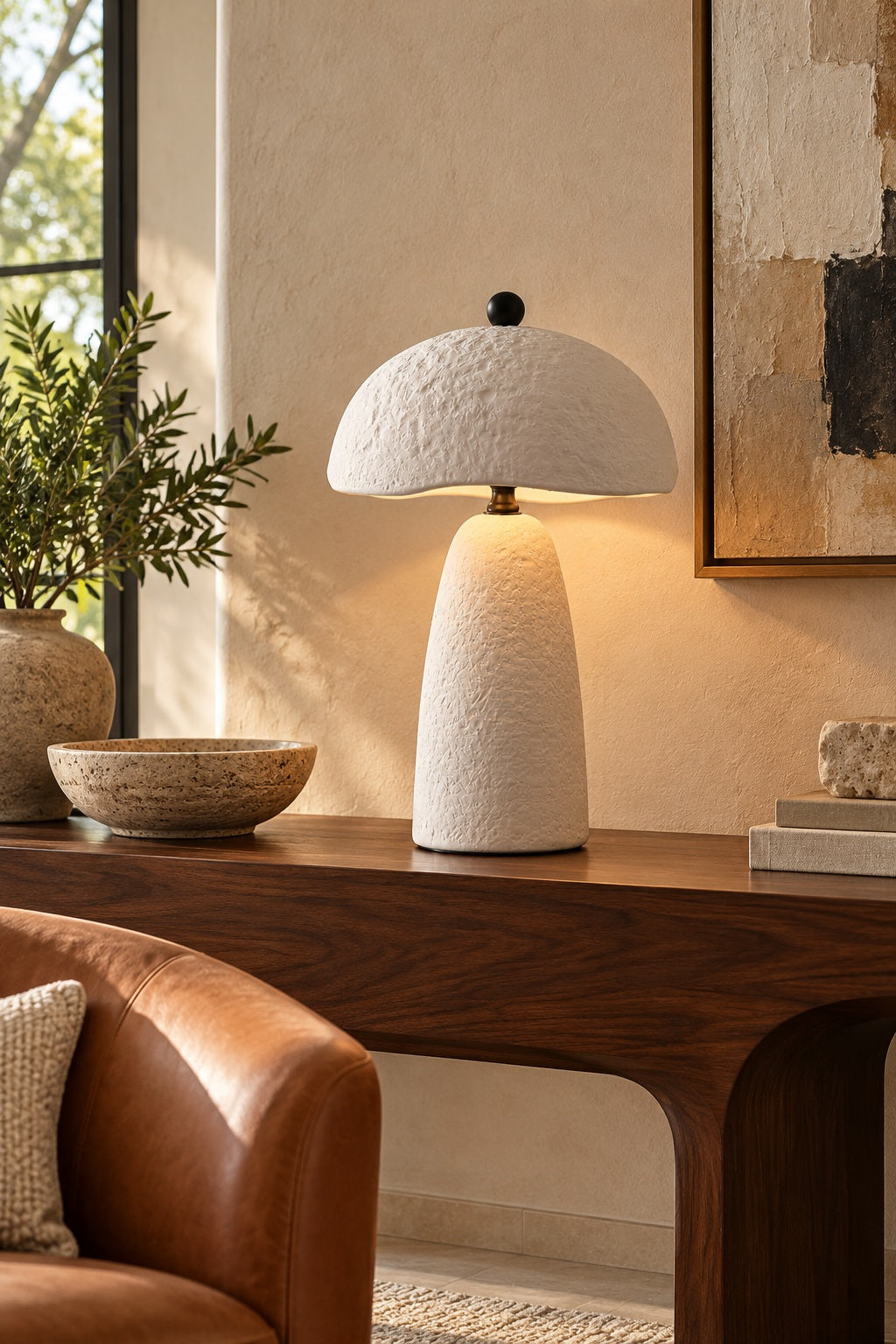 Velmurne white ceramic table lamp lit on an organic modern console