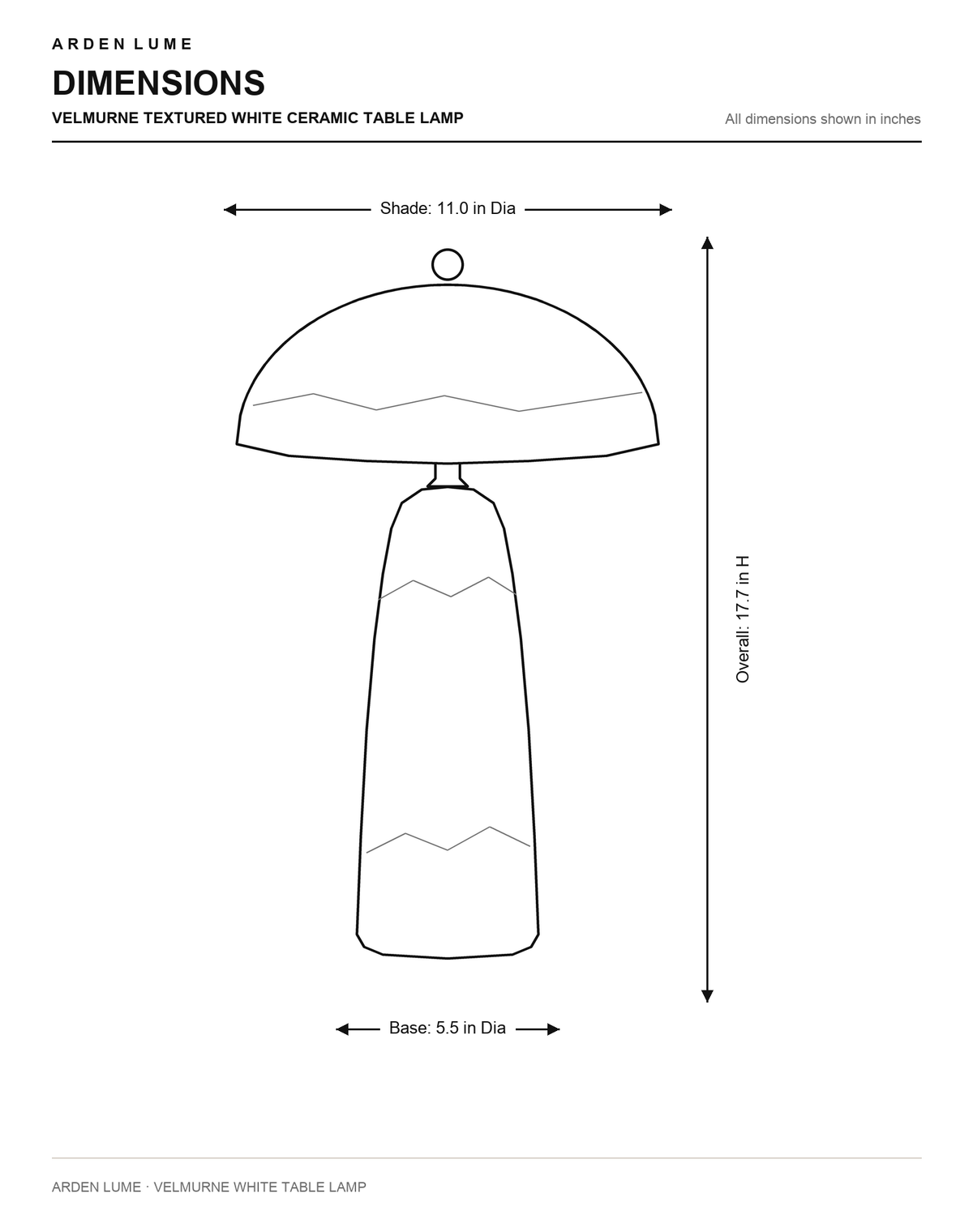 Velmurne Textured White Ceramic Table Lamp dimensions in inches
