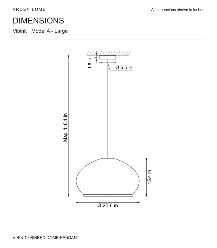 Vibinit pendant a large: shade dimensions, canopy dimensions and maximum overall hanging height in inches.