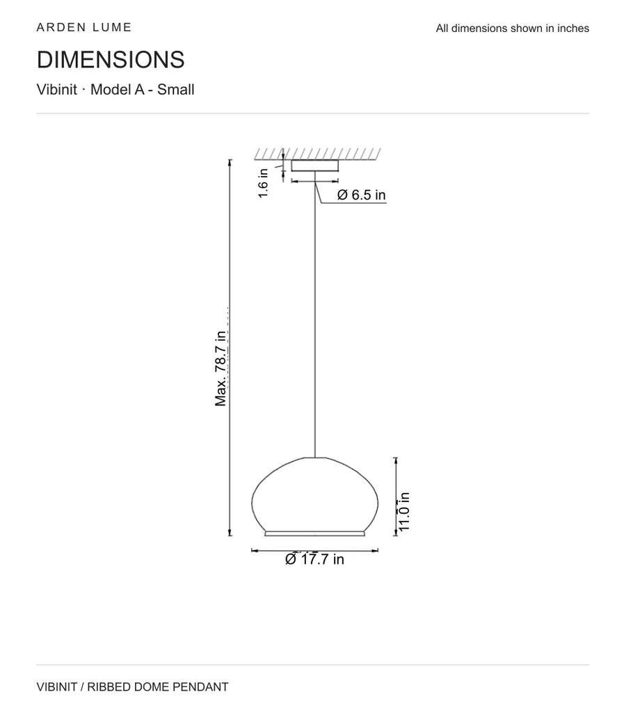 Vibinit pendant a small: shade dimensions, canopy dimensions and maximum overall hanging height in inches.