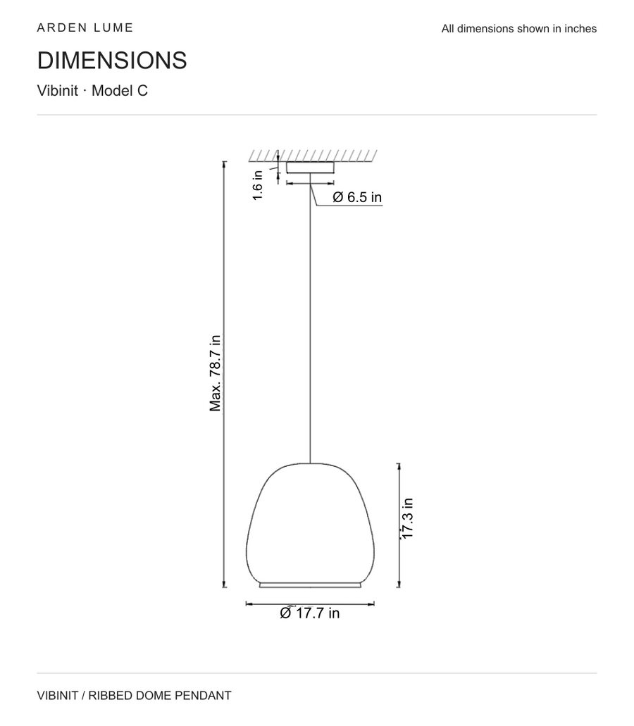 Vibinit pendant c: shade dimensions, canopy dimensions and maximum overall hanging height in inches.